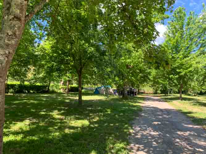 Emplacements ombragés de l'allée centrale du camping le petit baigneur en Cévennes