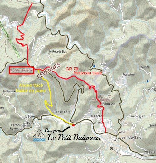 Carte IGN indiquant le GR 70 chemin de Stevenson en rouge et le tracé en jaune pour rejoindre le camping le petit baigneur